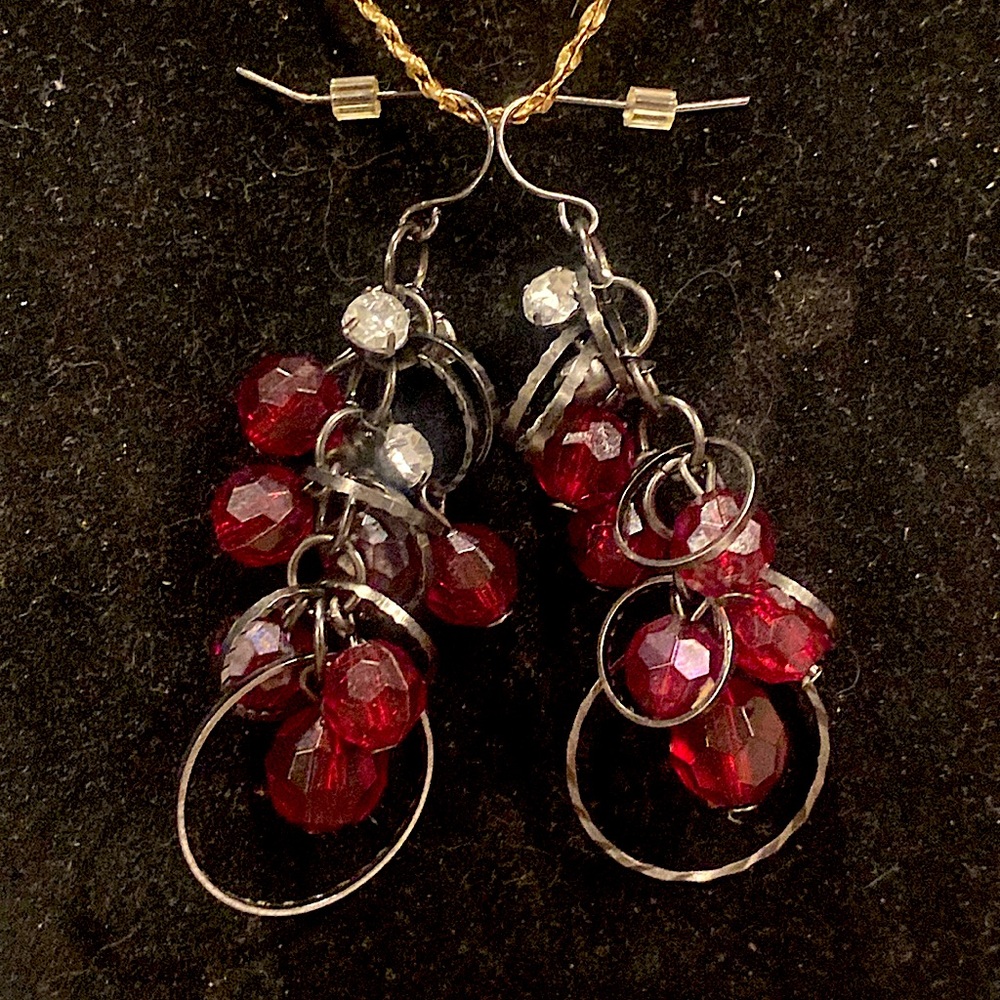 3/$10 Circles,Rhinestones and Red Acrylic Faceted Bead Earrings. Dangles